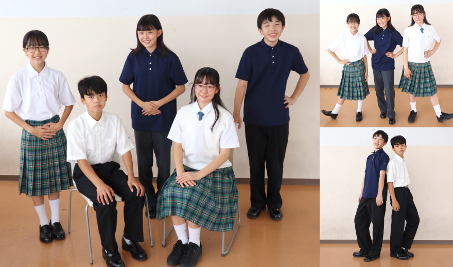 夏と冬の中学校の制服を中1生に着てもらいました。