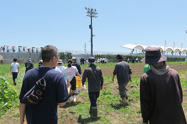 畑に向かう生徒たち